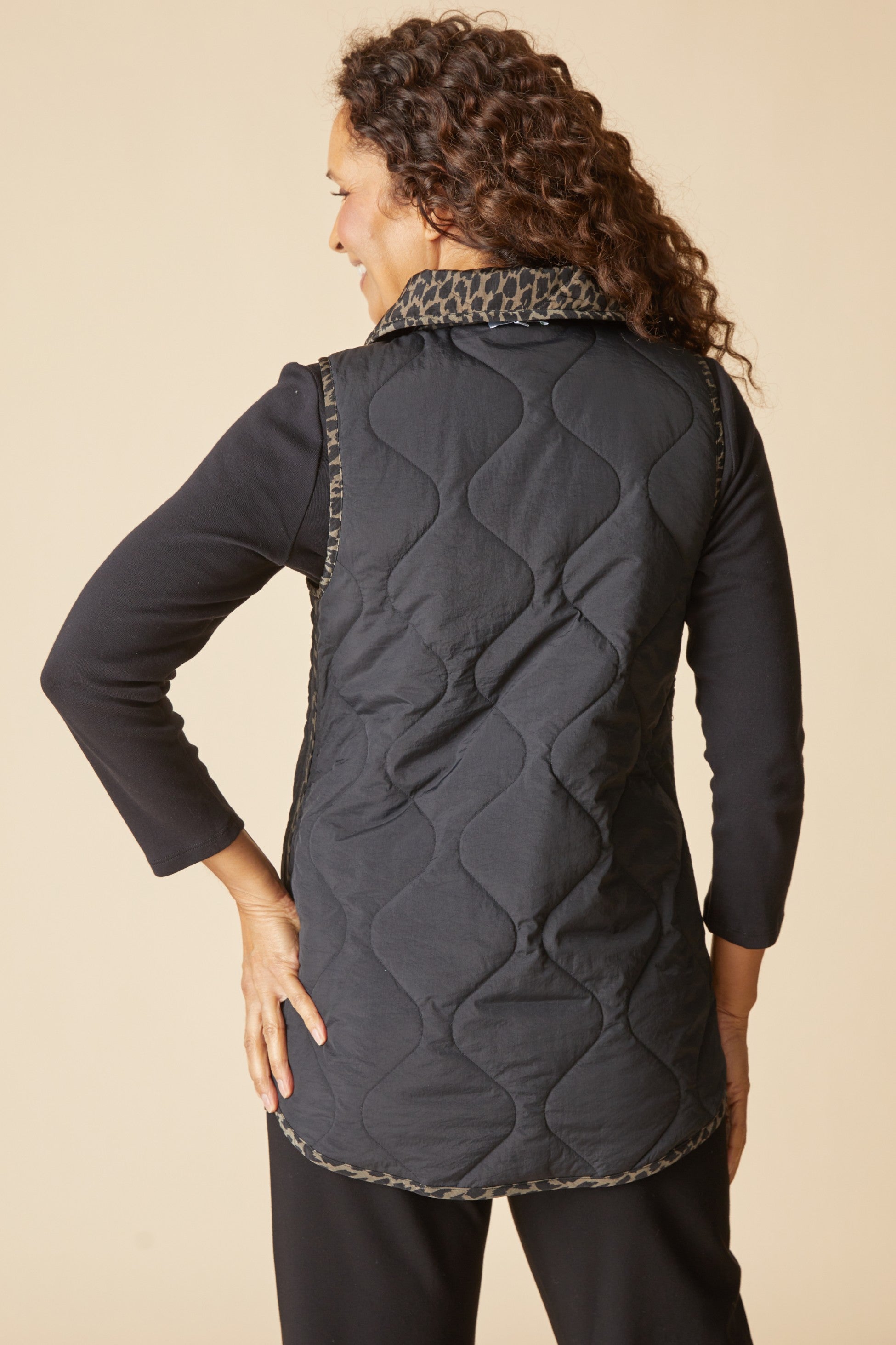 Habitat Reversible Quilted Vest | Black Leopard Print Vest