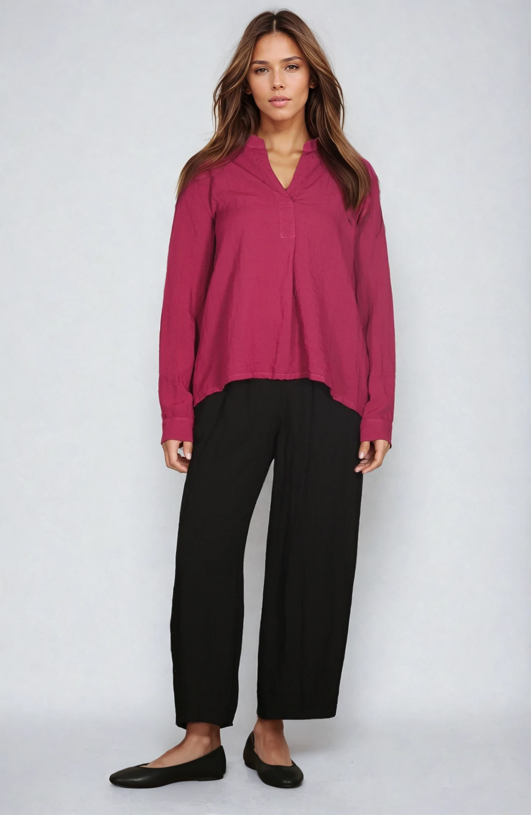 CutLoose-Womens-Clothing-FrontPleat-Top-Shirt-Crinkle-MandarinCollar-Rhubarb-Red