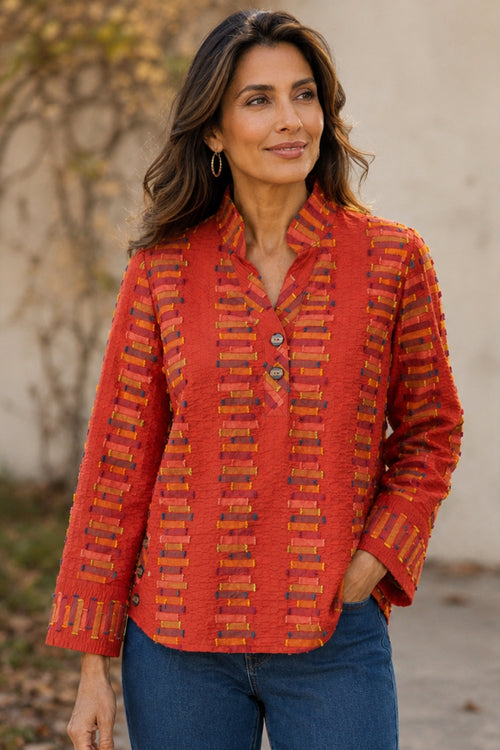 Embroidered Cotton Stripe Half Placket Pullover