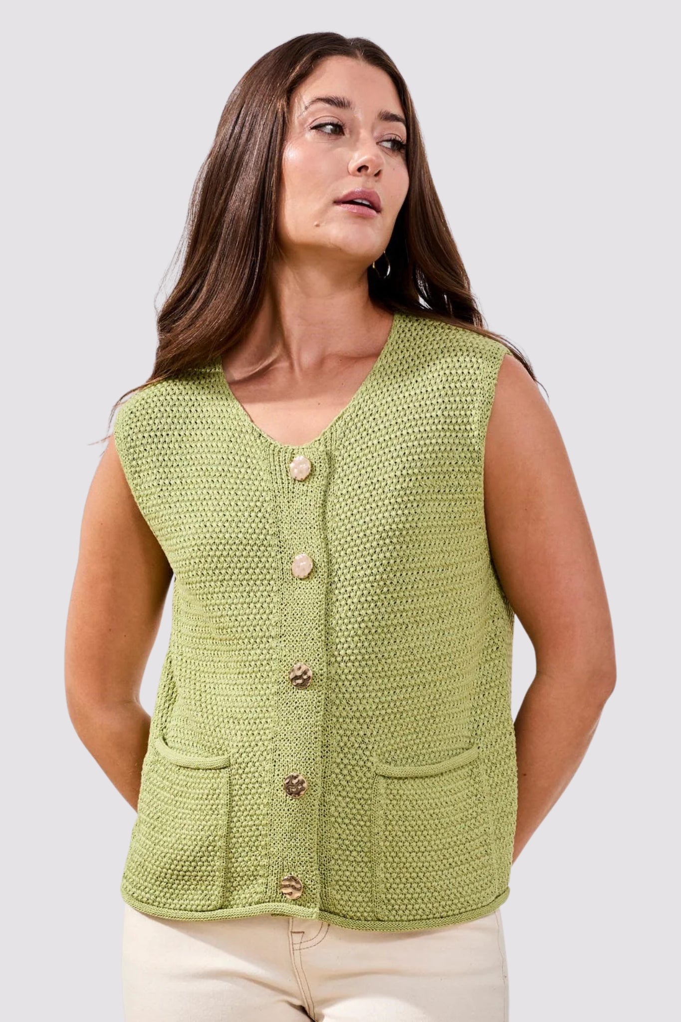 Tribal Sweater Vest with Pockets – Tape Yarn Knit Sleeveless Layer