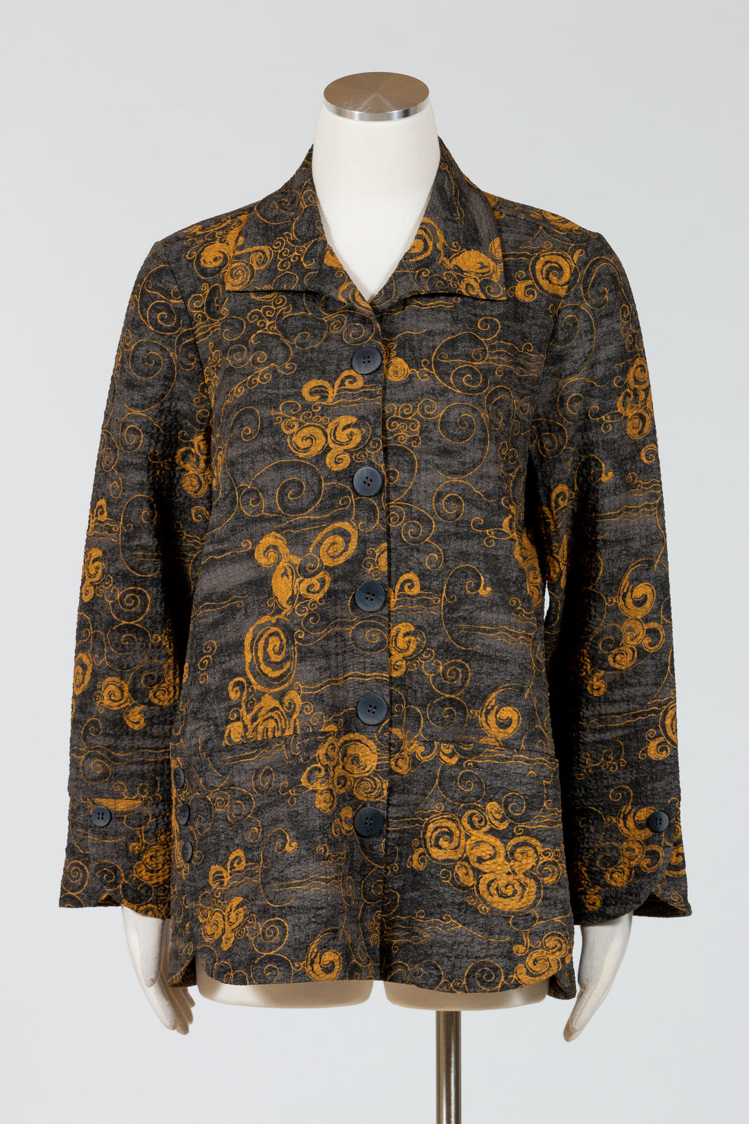 Habitat-Womens-Clothing-Tulip-Swing-Jacket-Stylish-Elegant-Print-Gold-Black