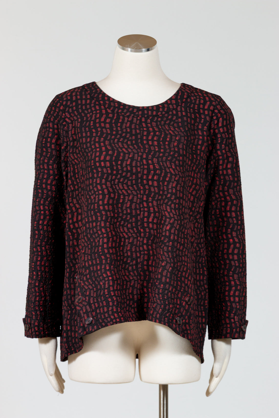 Habitat-Womens-Clothing-Button-Placket-Pullover-Top-Batik-Print-Wine-Red