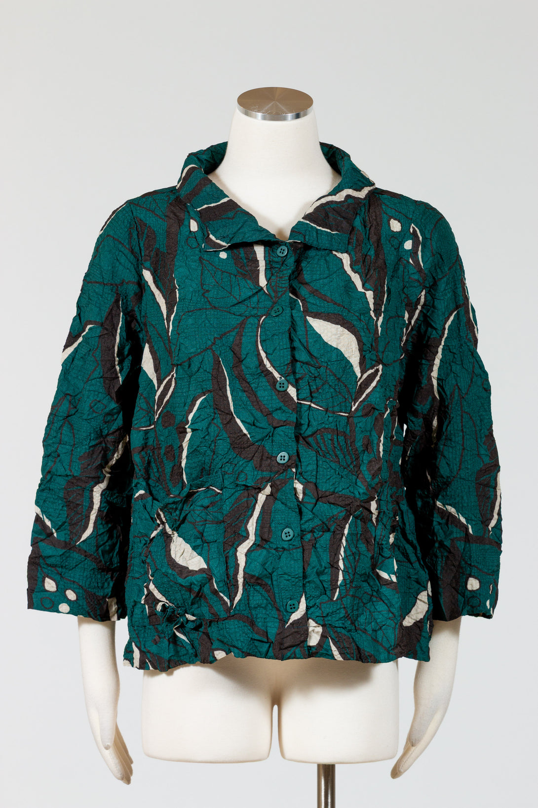Olivia-Habitat-Womens-Clothing-Chinched-Shirt-Top-Tunic-Marine-Leaves-Green-Black-Print