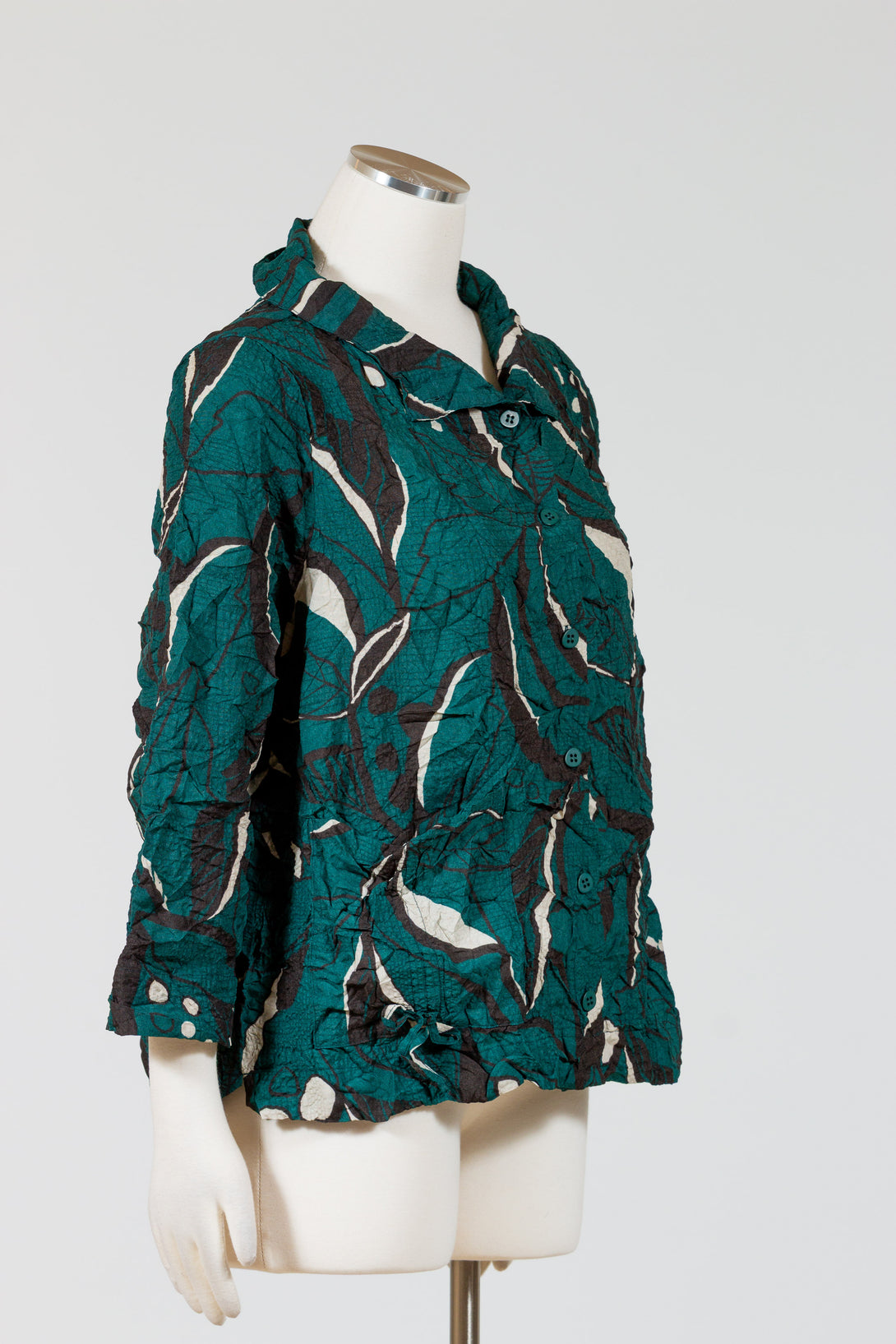 Olivia-Habitat-Womens-Clothing-Chinched-Shirt-Top-Tunic-Marine-Leaves-Green-Black-Print