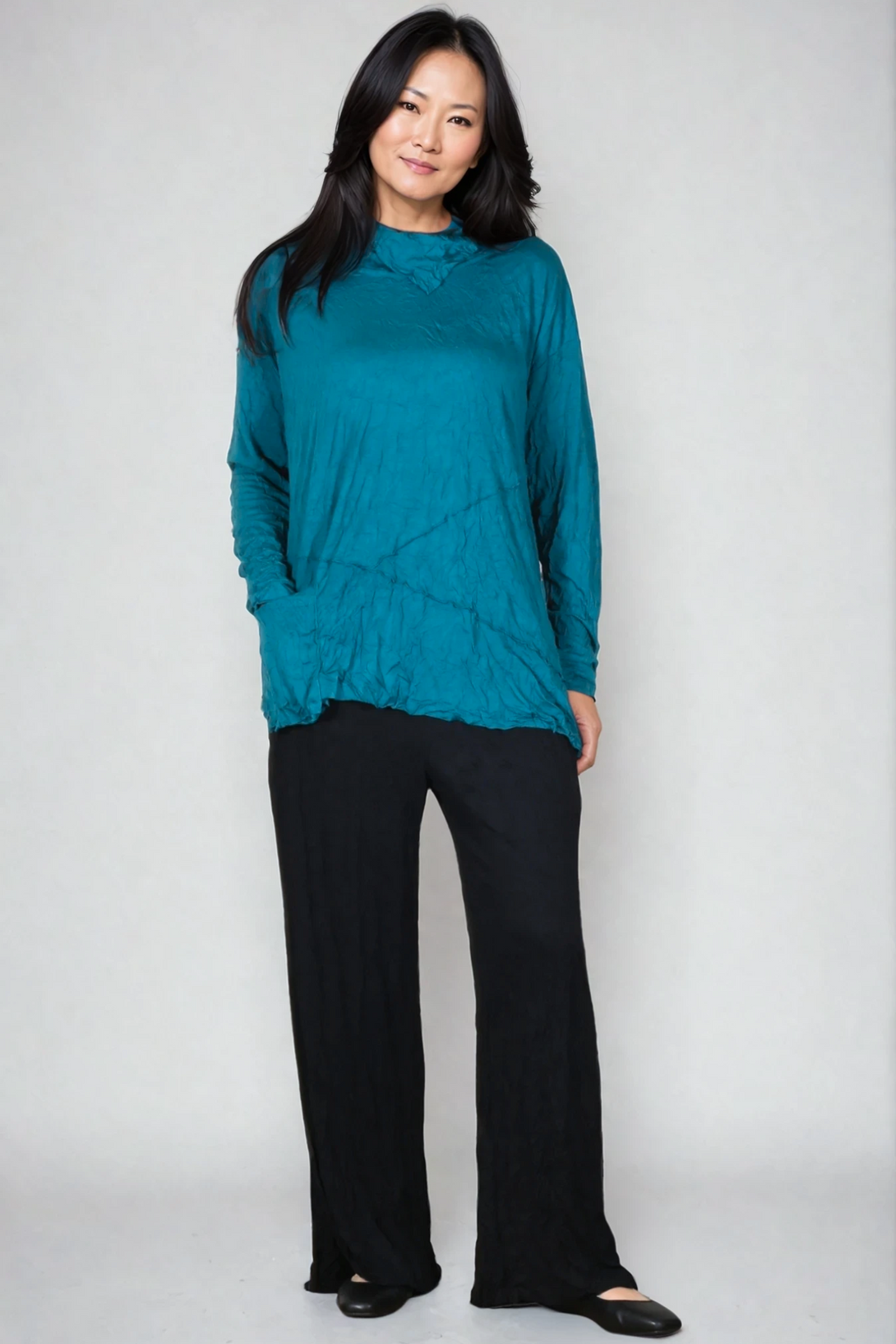 Chalet-Ceci-Womens-Clothing-Brenda-Top-Shirt-Crinkle-Knit-Bamboo-Emerald-Green