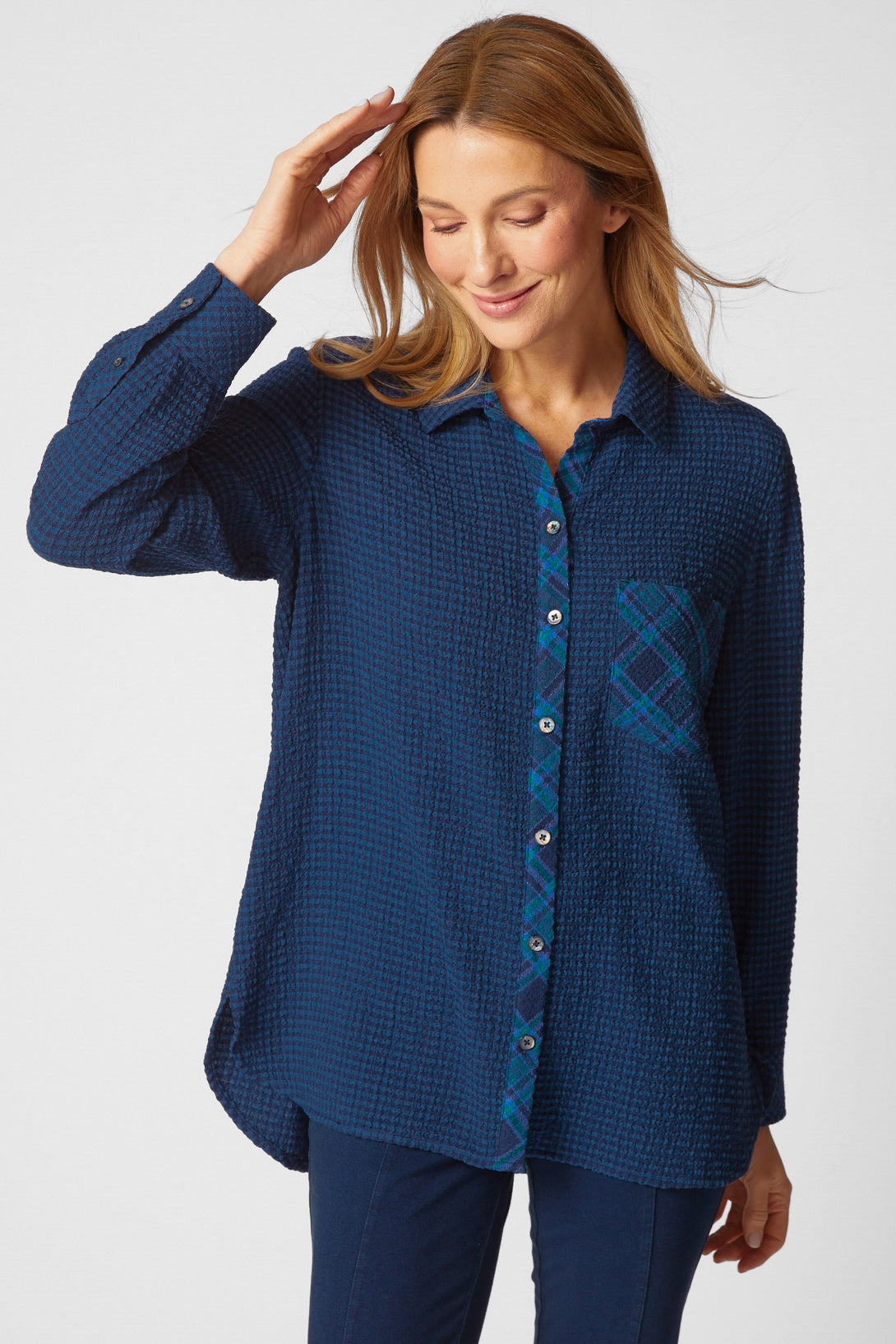 Habitat-Womens-Clothing-Top-Tunic-Shirt-Boyfriend-Pocket-Crinkled-Spandex-Classic-Lightweight-Navy-Blue