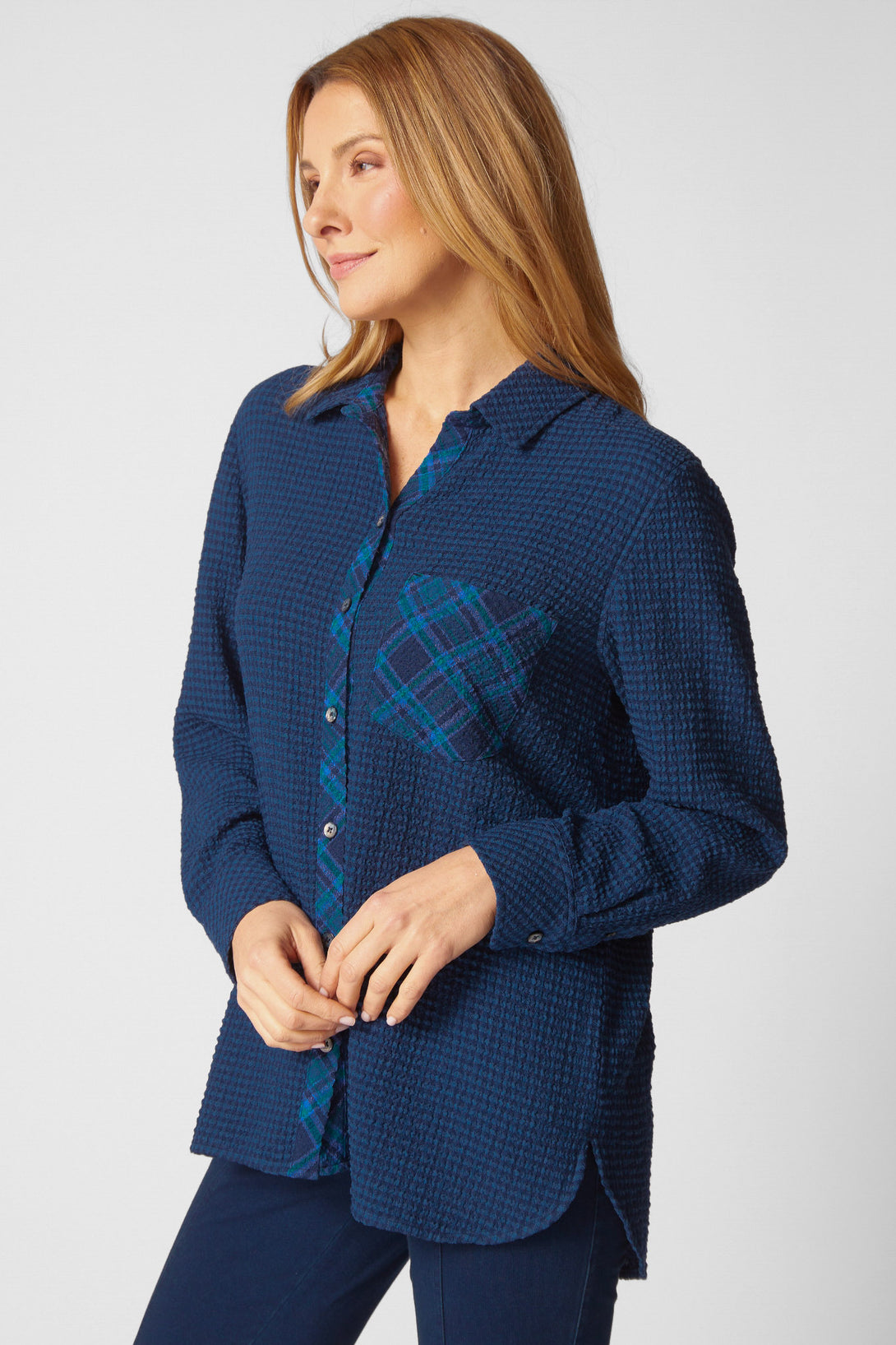 Habitat-Womens-Clothing-Top-Tunic-Shirt-Boyfriend-Pocket-Crinkled-Spandex-Classic-Lightweight-Navy-Blue