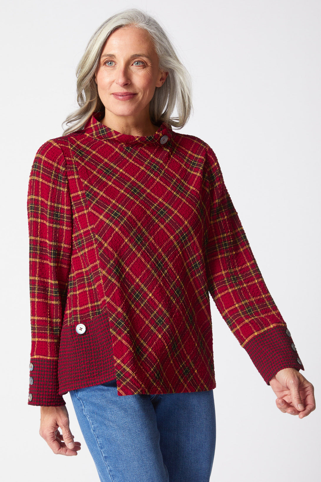 Habitat-Womens-Clothing-Top-Tunic-Asymmetrical-Casual-Modern-Playful-Plaid-Scarlet-Red