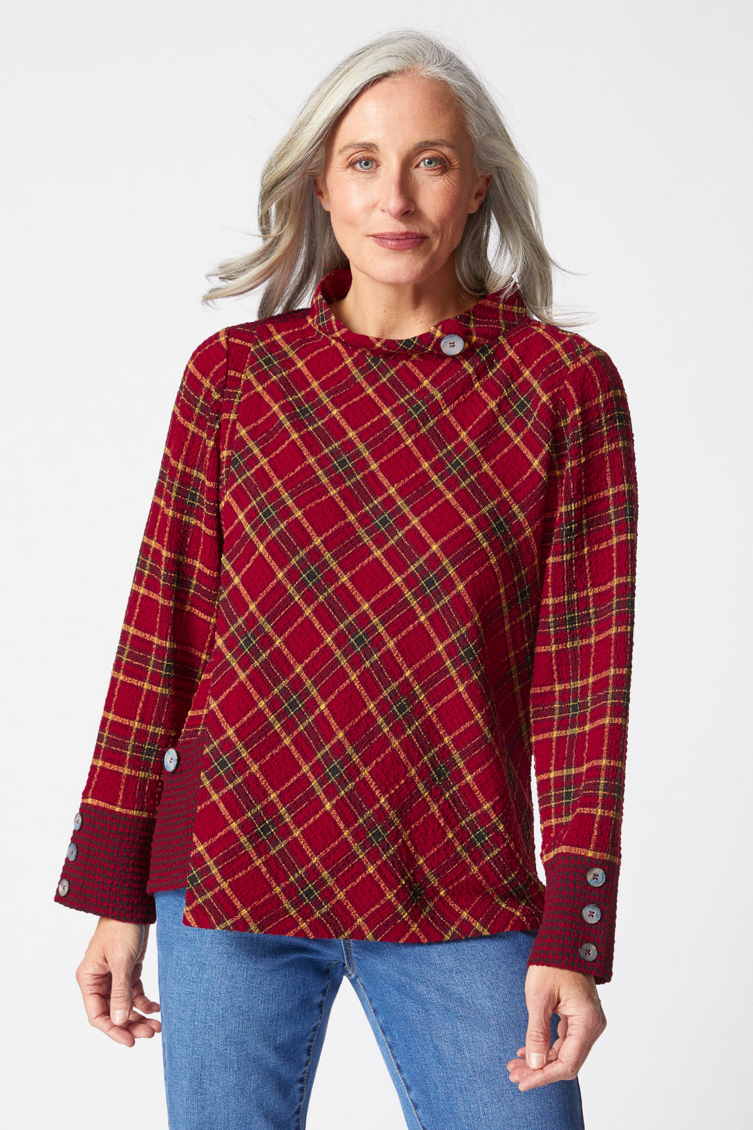 Habitat-Womens-Clothing-Top-Tunic-Asymmetrical-Casual-Modern-Playful-Plaid-Scarlet-Red