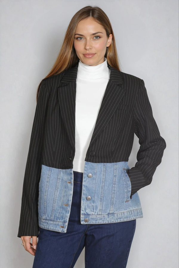 Tribal’s Mixed Media Denim and Pinstripe Blazer from their Blue Thread Denim Collection