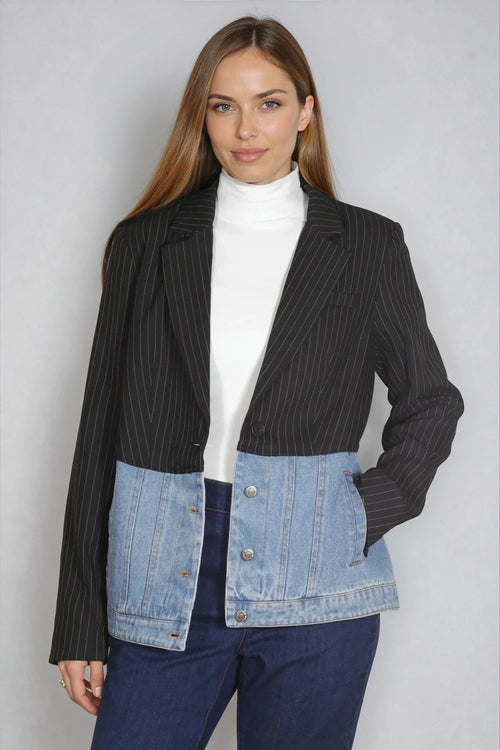 Mixed Media Pinstripe and Denim Blazer