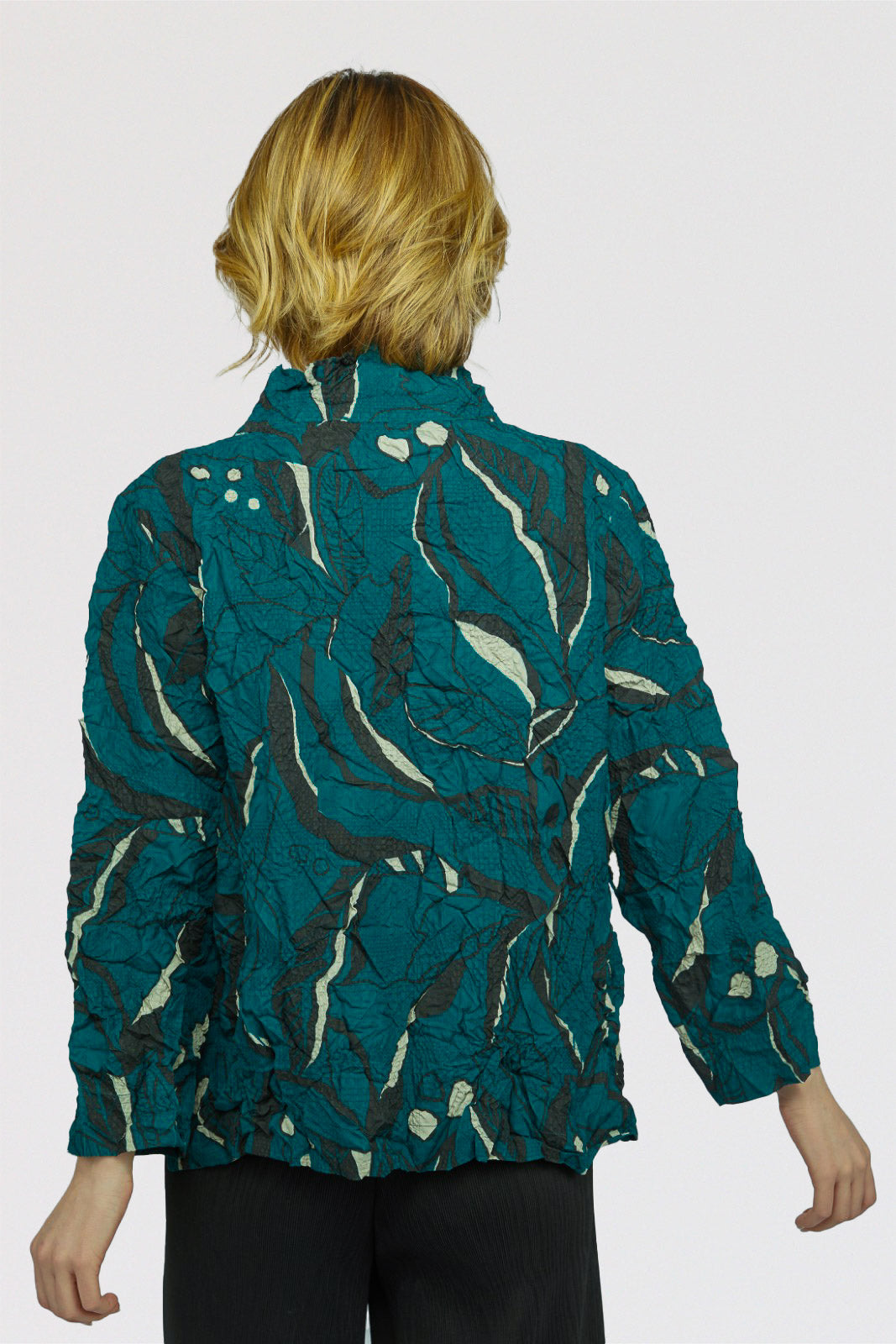 Olivia-Habitat-Womens-Clothing-Chinched-Shirt-Top-Tunic-Marine-Leaves-Green-Black-Print