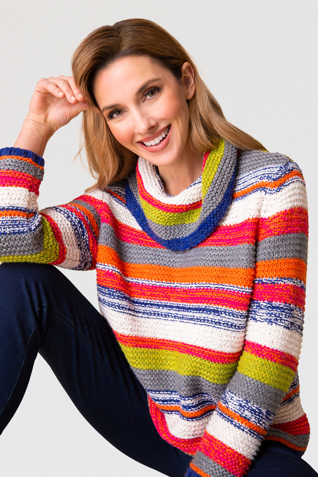 Habitat-Womens-Clothing-Carnival-Sweater-CowlNeck-Knit-CottonBlend-Multi-Stripe-Pattern