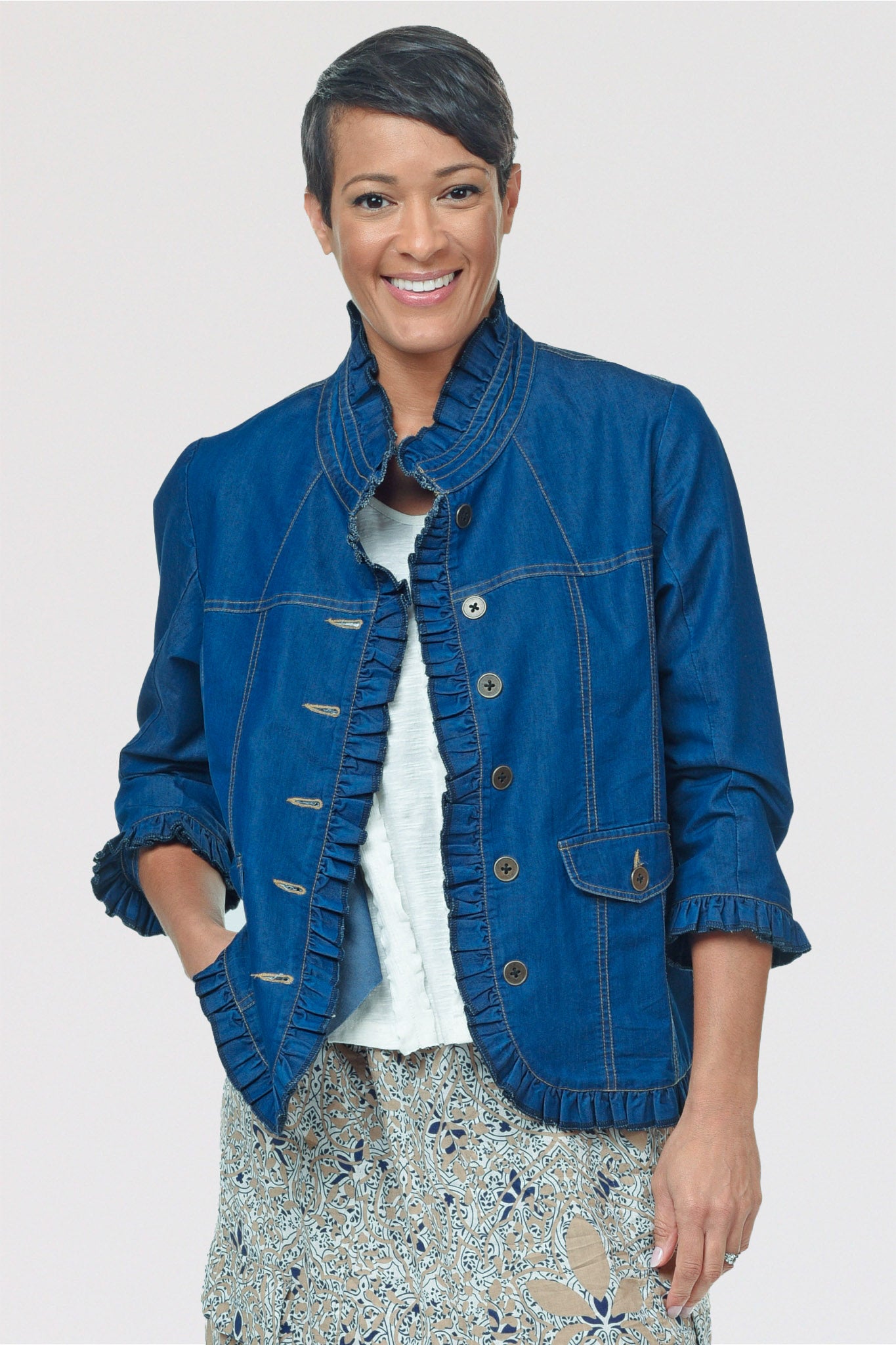 Tulip Sterling Jacket – Ruffle-Trim Denim Jacket | Lissatheshop