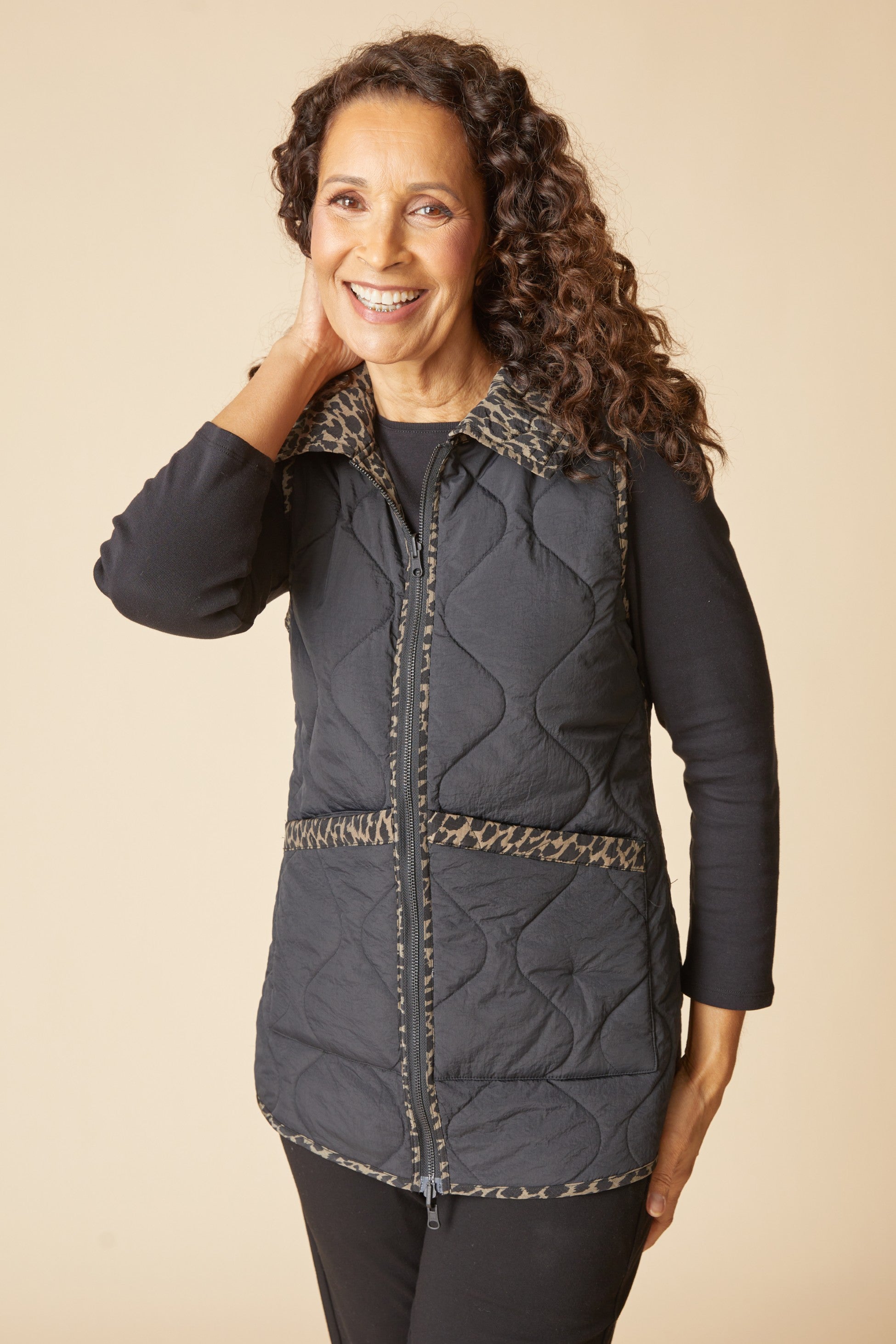 Habitat Reversible Quilted Vest | Black Leopard Print Vest