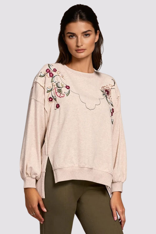 Embroidered Drop Shoulder Crew Neck Top