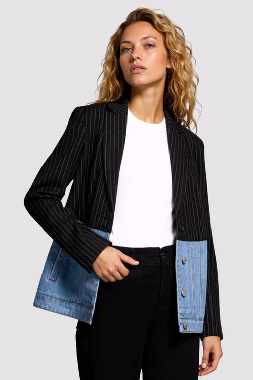 Mixed Media Pinstripe and Denim Blazer