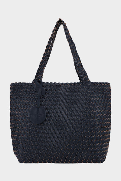 Isle Jacobsen Reversible Vegan Leather Woven Tote Bag (Navy with Metallic Blue)