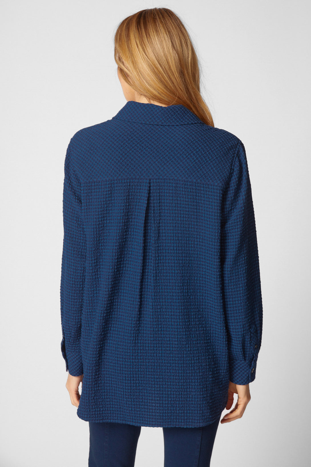 Habitat Girl Gone Plaid Boyfriend Pocket Shirt back view with curved hem falling over hips.