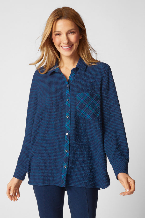 Habitat Girl Gone Plaid Boyfriend Pocket Shirt front view in soft crinkled check fabric with contrasting plaid pocket and button placket