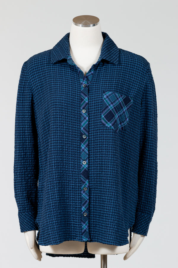 Habitat Girl Gone Plaid Boyfriend Pocket Shirt on mannequin showing contrasting plaid placket and pocket.