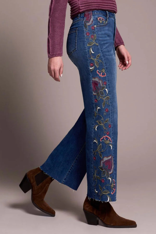 Tribal Brooke High-Rise Wide-Leg Jeans front view with autumn floral embroidery and stretch denim fit.