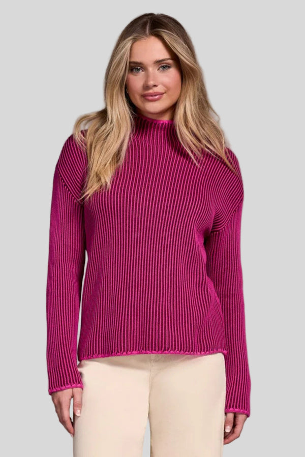 Tribal’s Funnel Neck Sweater Pink Flambe front view of model 