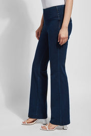 LYSSÉ Denim Trouser is a full length high waist stretch denim knit pant. A bit dressier than the average jean - they dress up nicely and they have a concealed inner waistband made in a polyester blend that lends to a very slimming fit that hugs the body. 