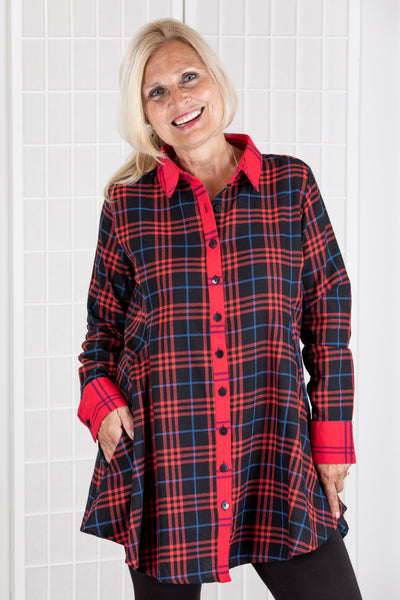 Tulip's Laurie Top is a collared button front plaid flannel shirt in red plaid for sale at Lissa the Shop.
