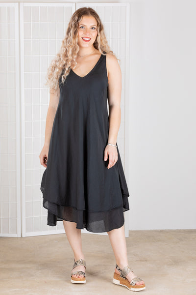 CP Shades Blanca dress in black cotton silk is a loose fitting long black dress for sale at Lissa the Shop.
