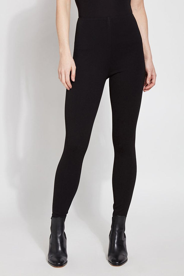 LYSSÉ's Laura Legging  is a full length high waist stretch Ponte legging is substantial with a concealed inner waistband made in a polyester blend that lends to a very slimming fit that hugs the body.