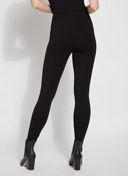 LYSSÉ's Laura Legging is a full length high waist stretch Ponte legging is substantial with a concealed inner waistband made in a polyester blend that lends to a very slimming fit that hugs the body.