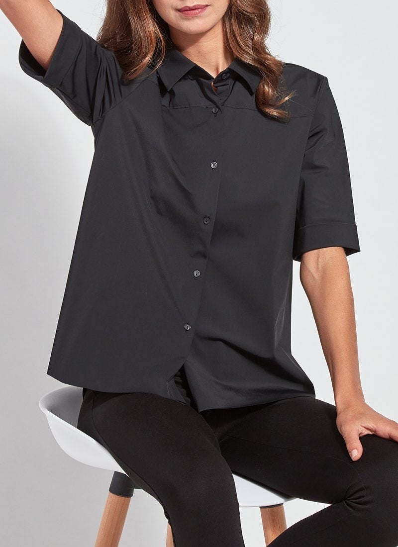 LYSSÉ's Josie Short Sleeve Button Down Shirt is a classic button down collared slim fitted dress shirt made in a soft Microfiber fabric that is wrinkle resistant.