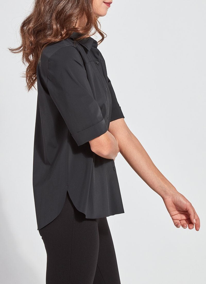 LYSSÉ's Josie Short Sleeve Button Down Shirt is a classic button down collared slim fitted dress shirt made in a soft Microfiber fabric that is wrinkle resistant.