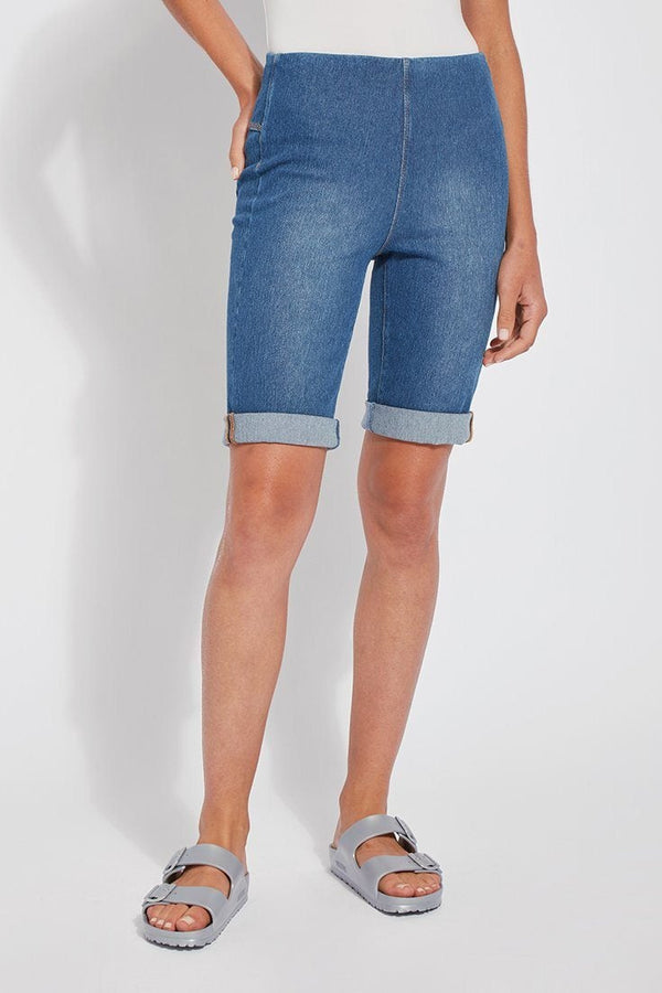 LYSSÉ  Boyfriend Short is a high waisted stretch denim biker length short in a "Boyfriend" style, that  can be rolled up for a cute look or left down to a Bermuda Short length.