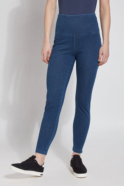 LYSSÉ Denim Legging  is a full length high waist stretch denim knit legging with a concealed inner waistband made in a polyester blend that lends to a very slimming fit that hugs the body. 