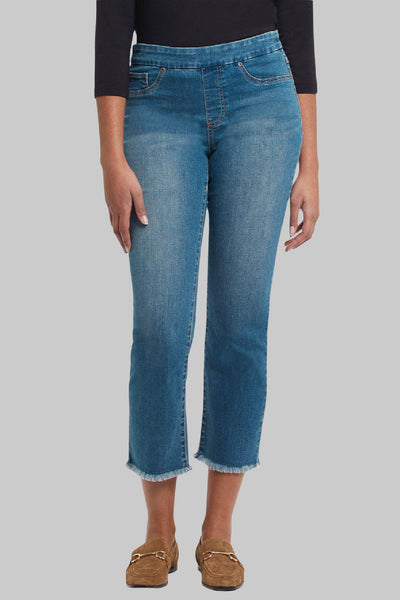 Tribal's Audrey Pull on Straight Crop is a stretch denim jean in a cropped length with frayed hems for sale at Lissa the Shop.