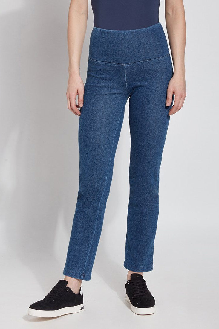 LYSSÉ Denim Straight Leg Jean is a full length high waisted stretch denim knit pant with a  concealed inner waistband made in a polyester blend that lends to a very slimming fit that hugs the body. 