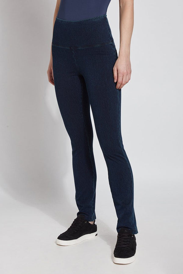 LYSSÉ Denim Straight Leg Jean is a full length high waisted stretch denim knit pant with a concealed inner waistband made in a polyester blend that lends to a very slimming fit that hugs the body. 