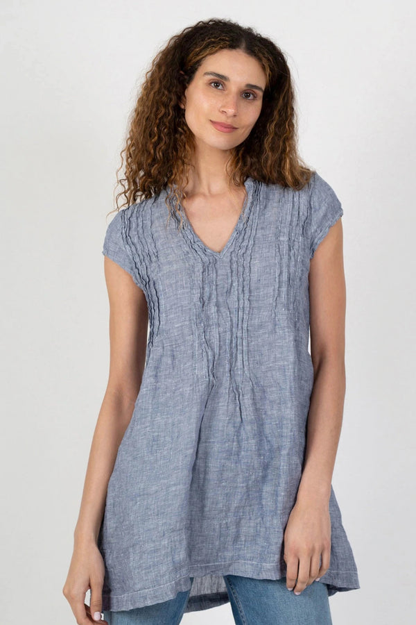 CP Shades Regina Tunic Top Is an oversized tunic style blouse with an open collarless neckline, pleated bodice and cap sleeves.
